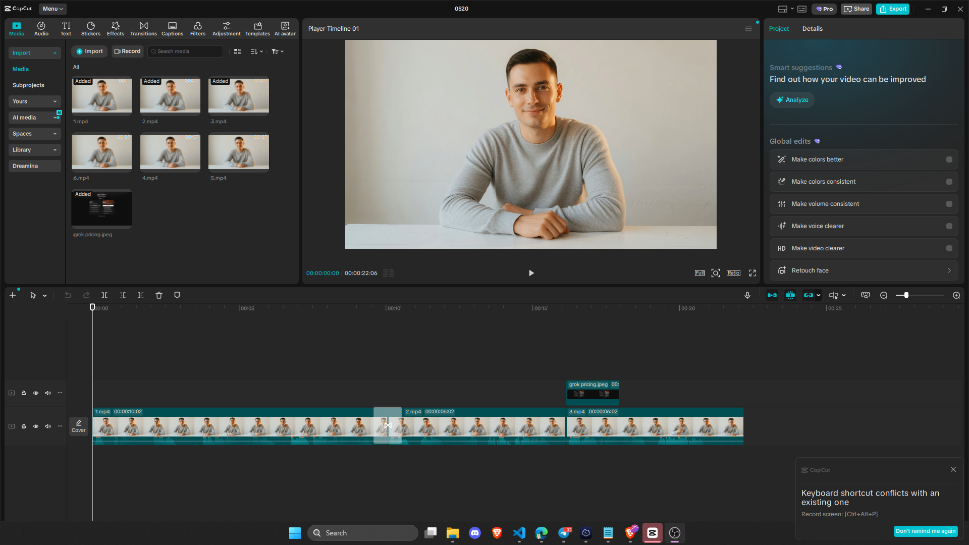 CapCut timeline showing clips with 0.2 second transitions between them